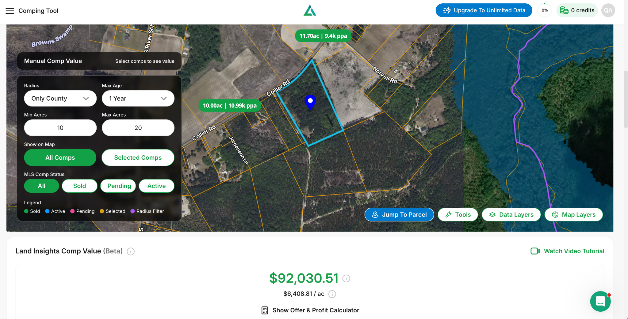 Land Insights property map with comparable sales and comp value