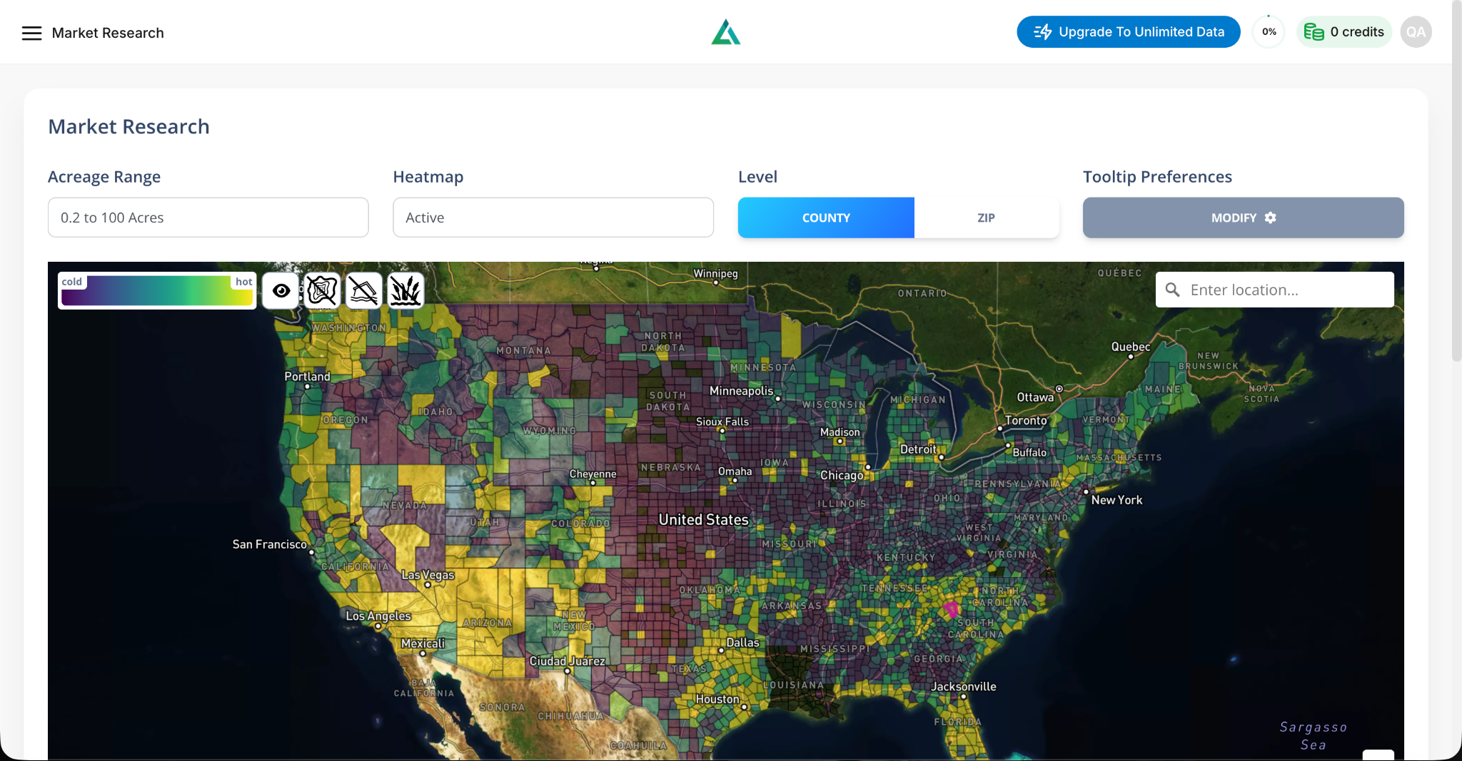 Land Insights market research heatmap of United States counties