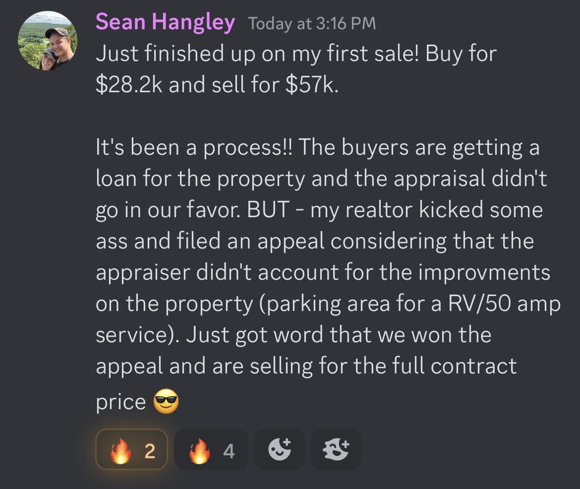 Sean won an appraisal appeal and closed his first sale for the full $57K contract price