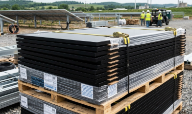 Solar panels removed from a roof and staged on pallets during a roof replacement