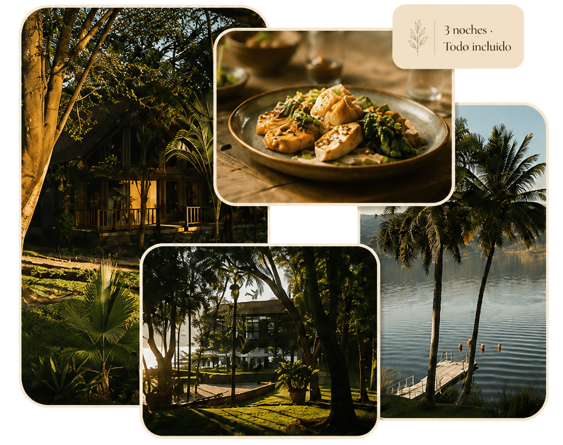 Collage de la experiencia Habitarte con naturaleza, gastronomía, hospedaje y la laguna de Santa María del Oro