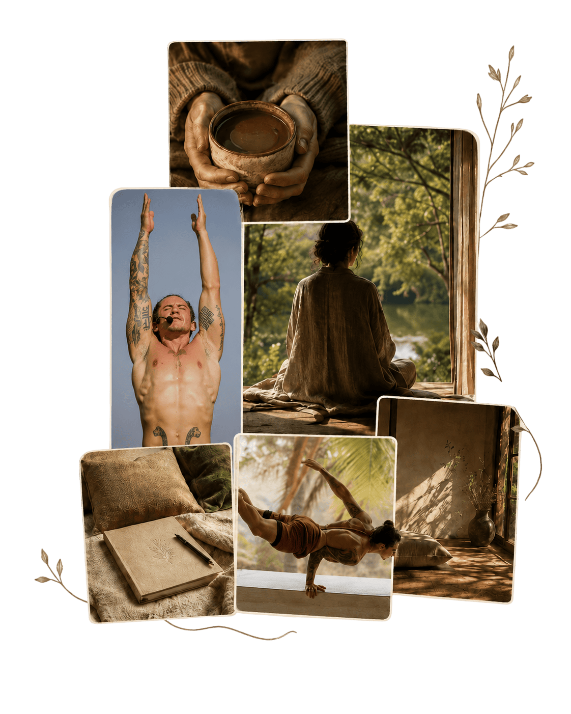 Collage de prácticas conscientes, escritura, movimiento, descanso y conexión con la naturaleza durante Habitarte