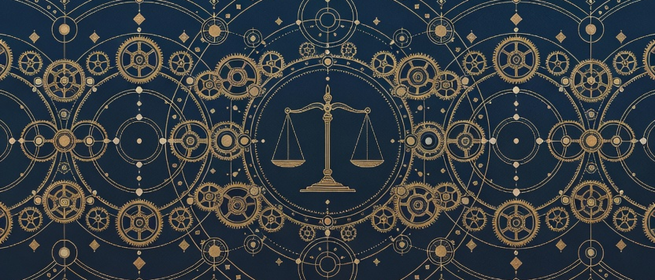 A wide engraved frieze of gears, orbits, and a balance scale in an alchemical diagram style.