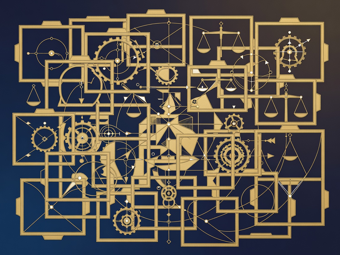 Engraving of an operator surrounded by an overwhelming grid of overlapping charts