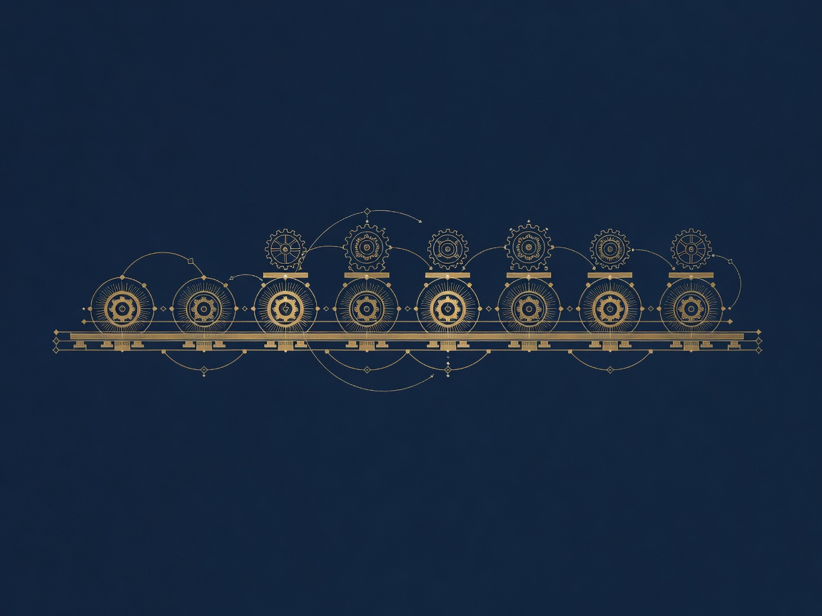 A single workflow rail rebuilt gear by gear with a repeating stamp, compounding real AI value