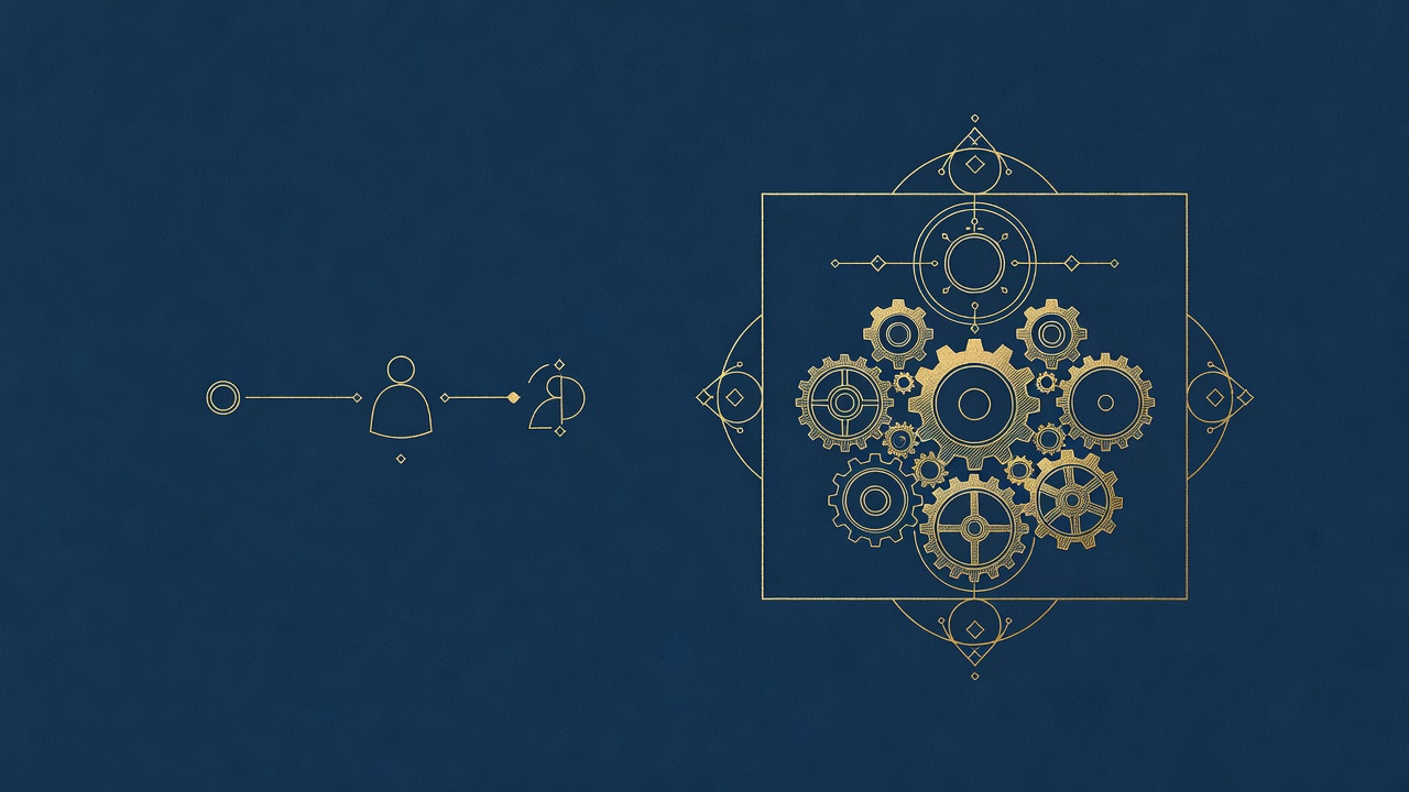 Schematic contrasting a single assistant copilot with a bounded agentic department of gears feeding one owner node