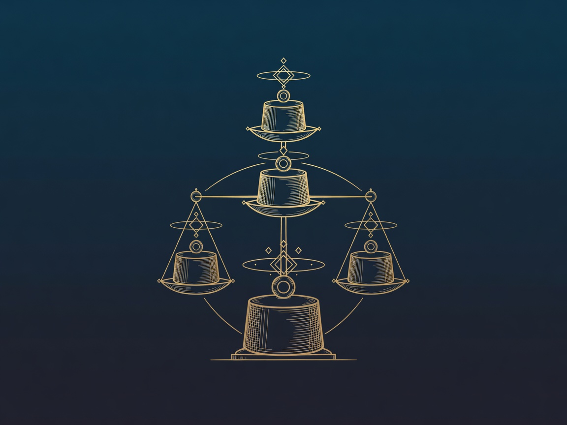 Engraved four-tier balance scale with progressively larger brass weights, representing the EU AI Act penalty tiers