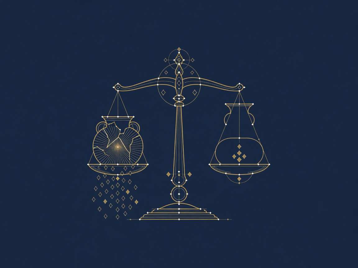 Engraved balance weighing an overfilled cracking data vessel against a minimal stable one, illustrating data minimization over hoarding