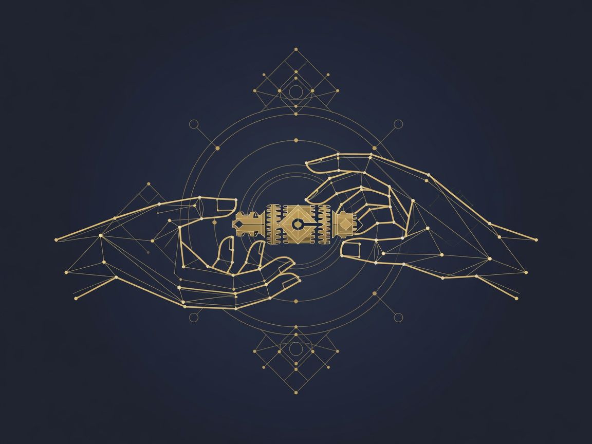 Engraved hand-off of a keyed mechanism between two geometric hands, depicting knowledge transfer when an AI implementation partner finishes the engagement