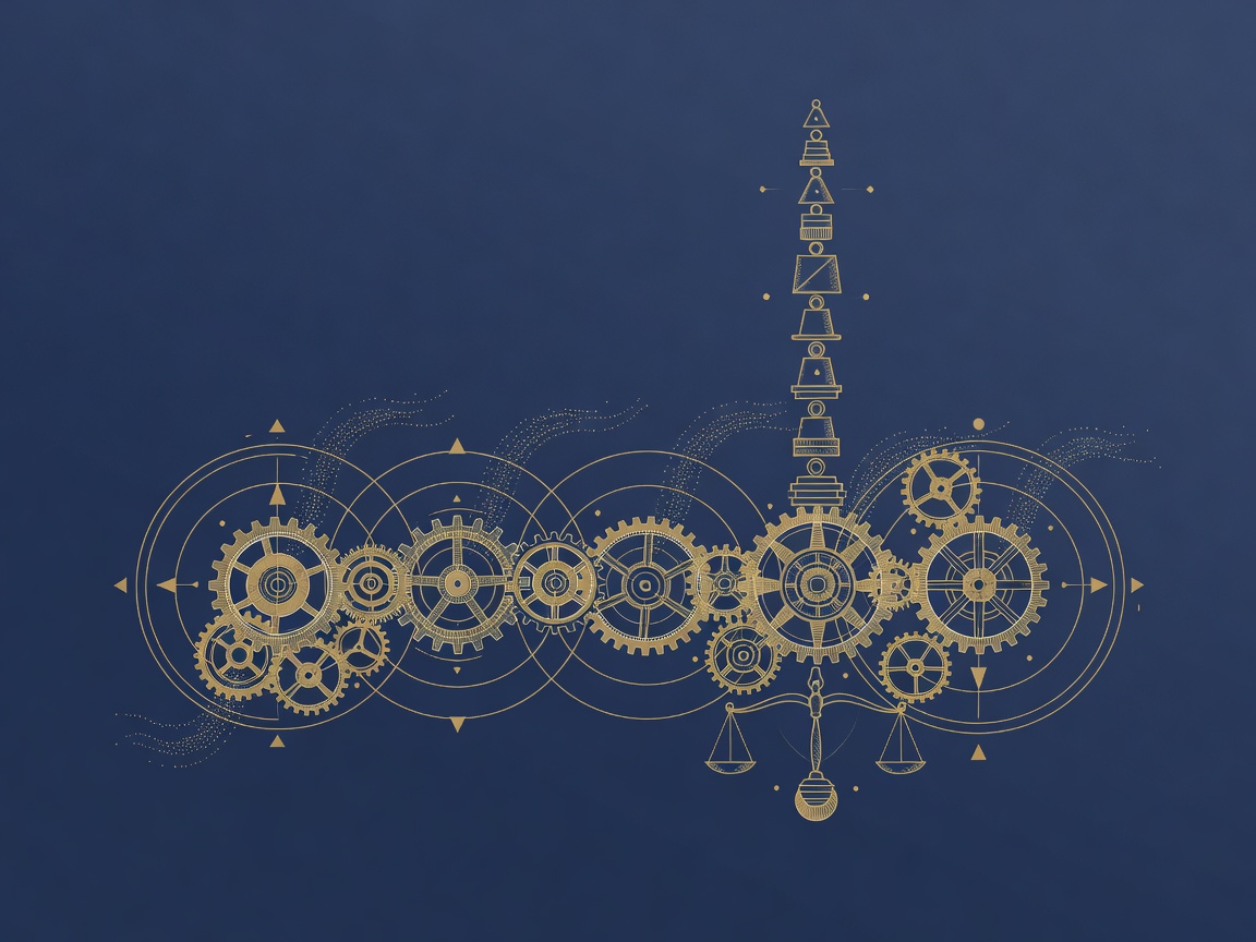 Engraving of a chain of meshed gears shedding particles at each coupling beside a rising column of weights