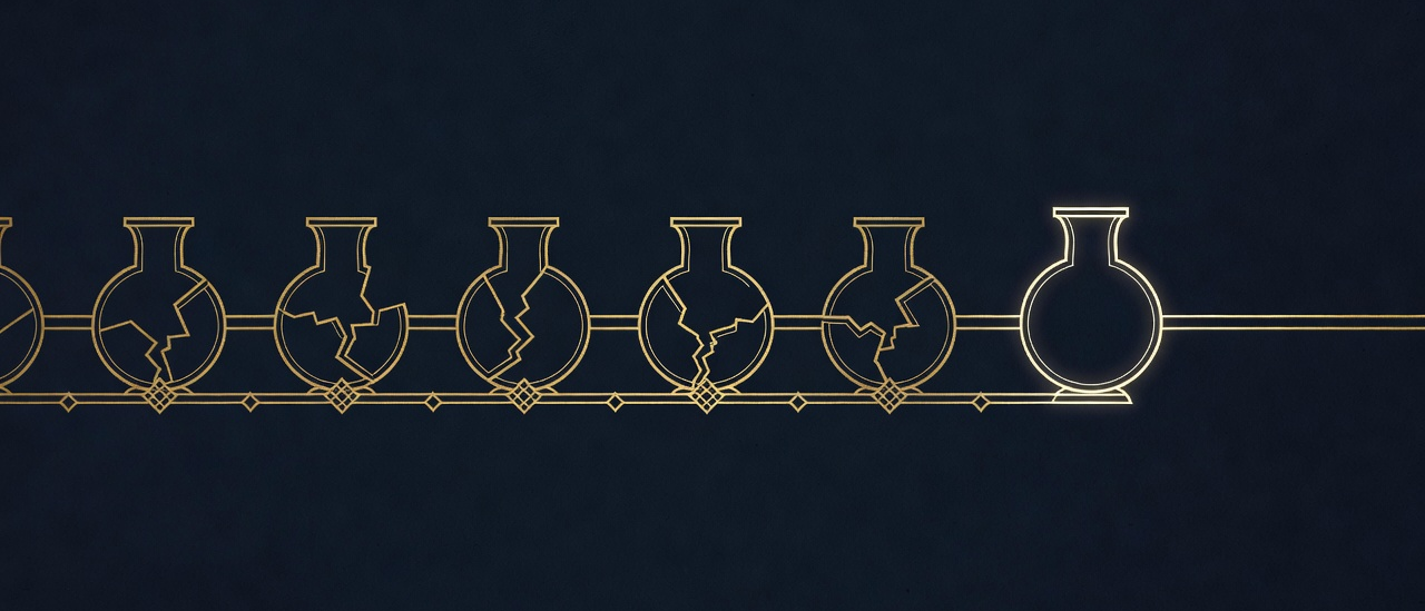 Five broken data vessels resolving into one clean connected canonical vessel, representing data made ready for AI.