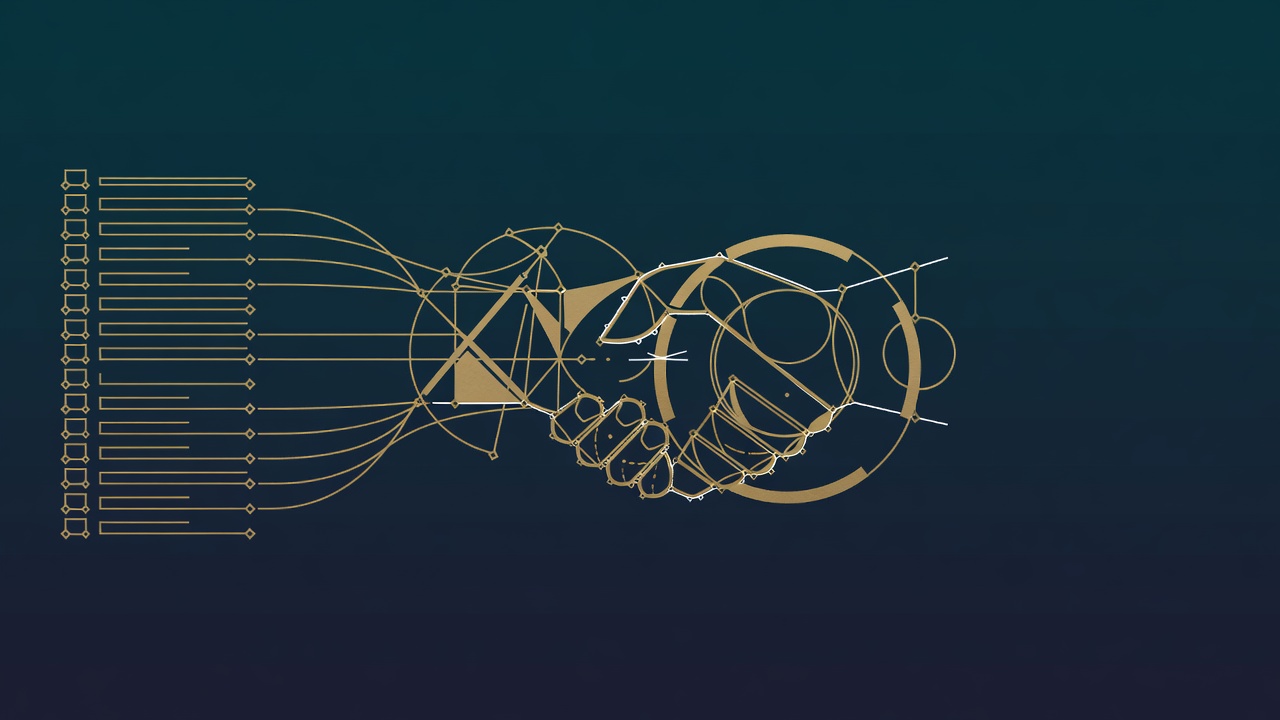 A wide section break of a checklist motif transitioning into a geometric handshake
