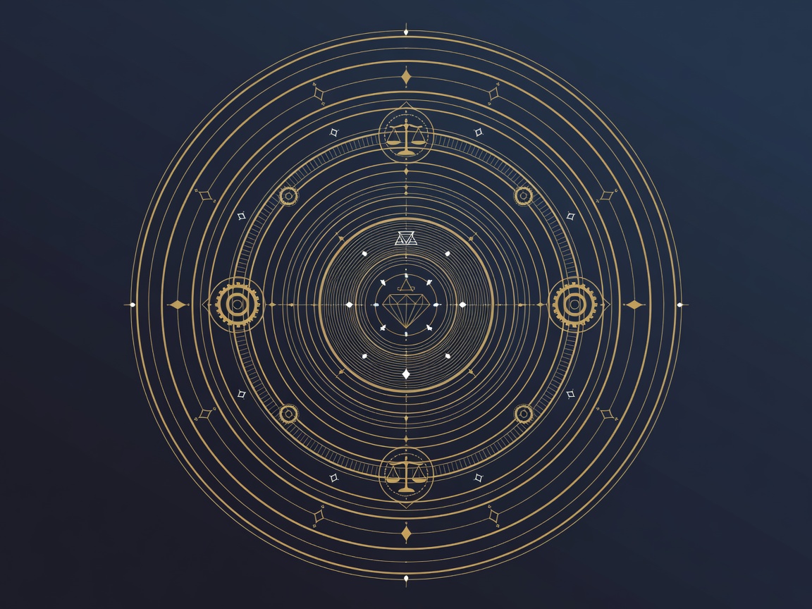 Antique-gold engraving of concentric orbital rings accumulating around a central diamond, depicting compounding memory