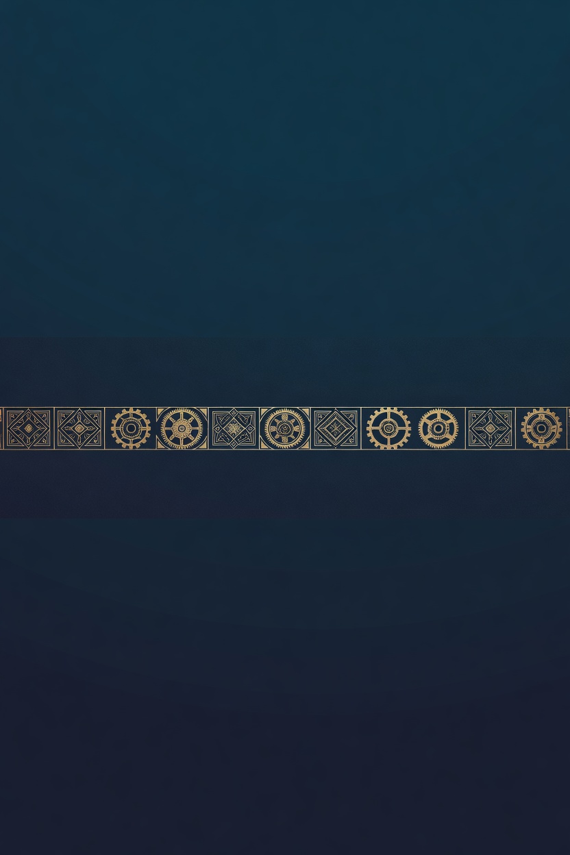 A wide engraved rail alternating modular blocks and custom gears linked by one integration spine.