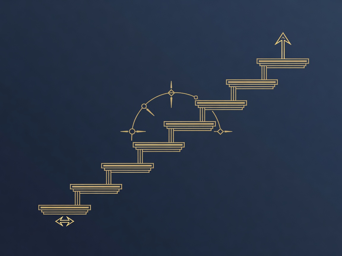 Engraved ascending staircase from a reversible-arrow platform to a one-way-arrow platform, illustrating sequencing an agent rollout by reversibility