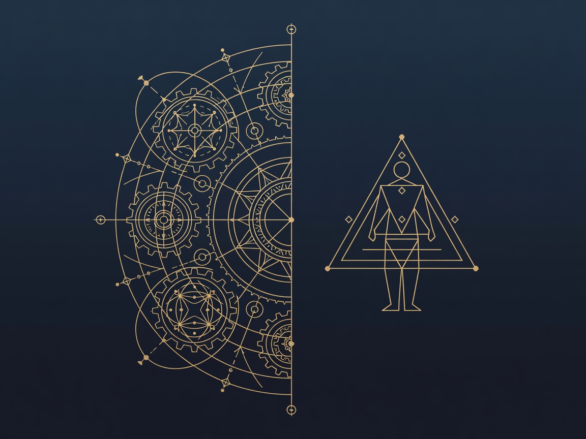 Antique-gold engraving of a drafted boundary dividing a zone of gears from a guarded human-sentinel glyph