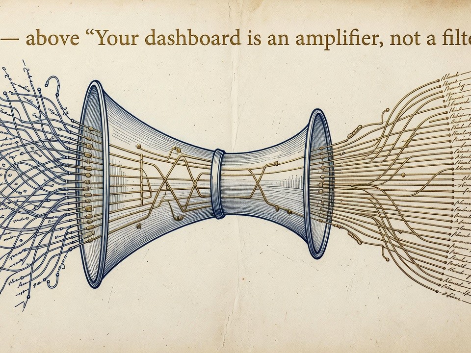 a brass engraving of a signal passing through a transparent funnel/horn amplifier, a small messy input cluster entering one s