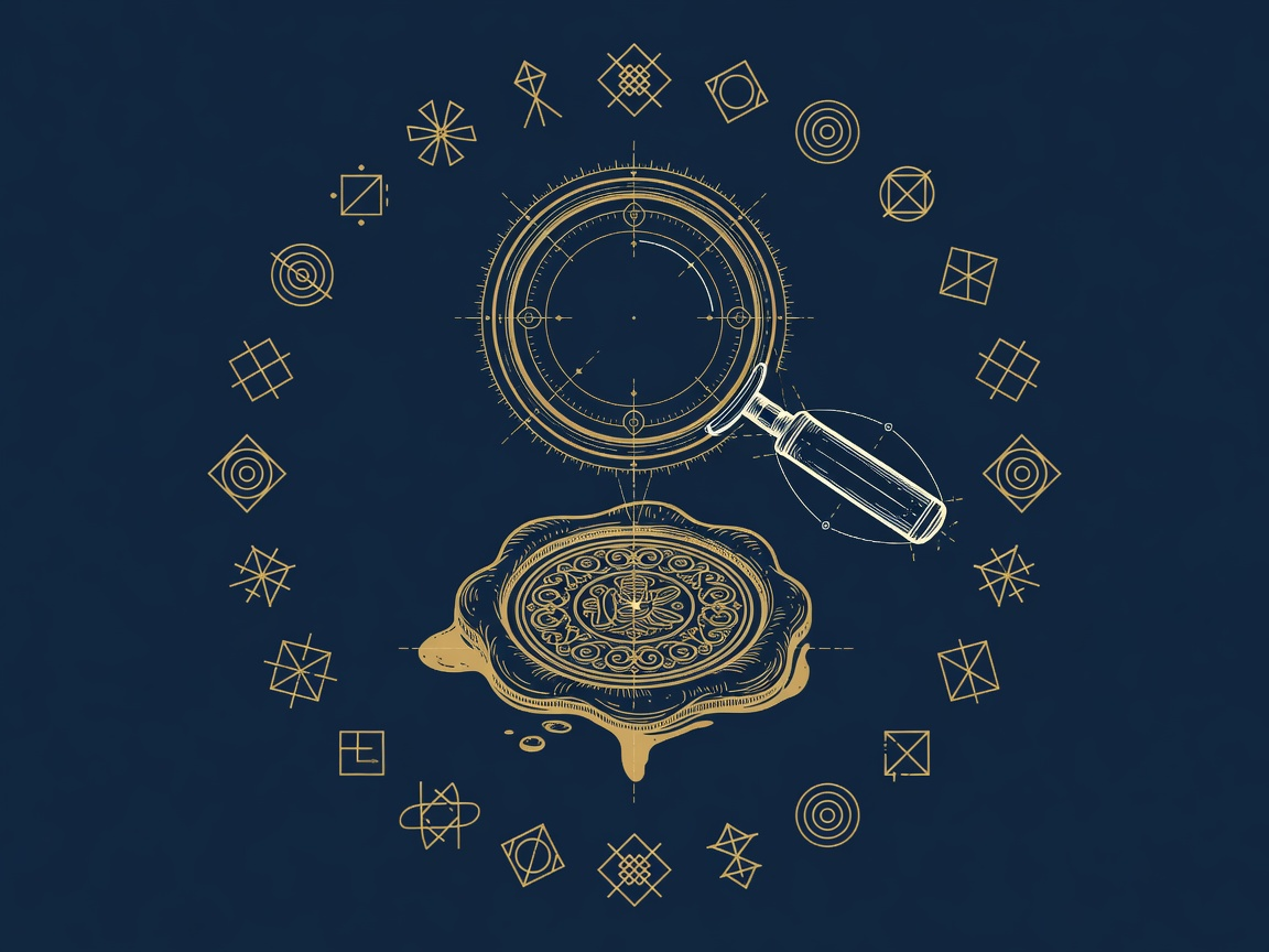 An engraved magnifying lens over an ornate contract seal ringed by geometric inquiry glyphs.