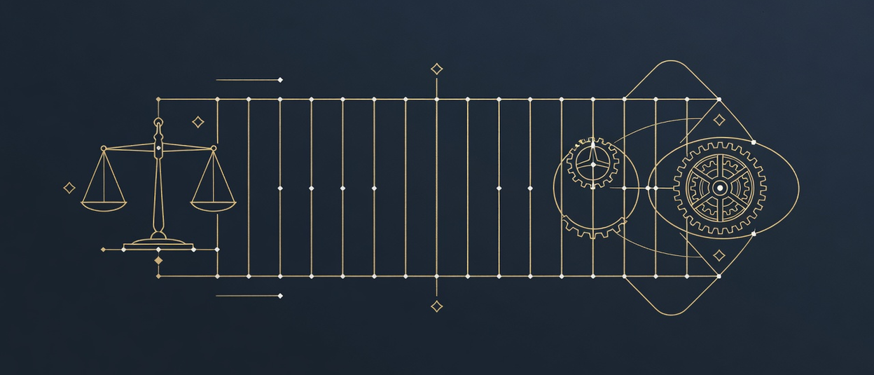 A row of aligned ledger columns flanked by a balance scale and gear, representing governed, well-kept data