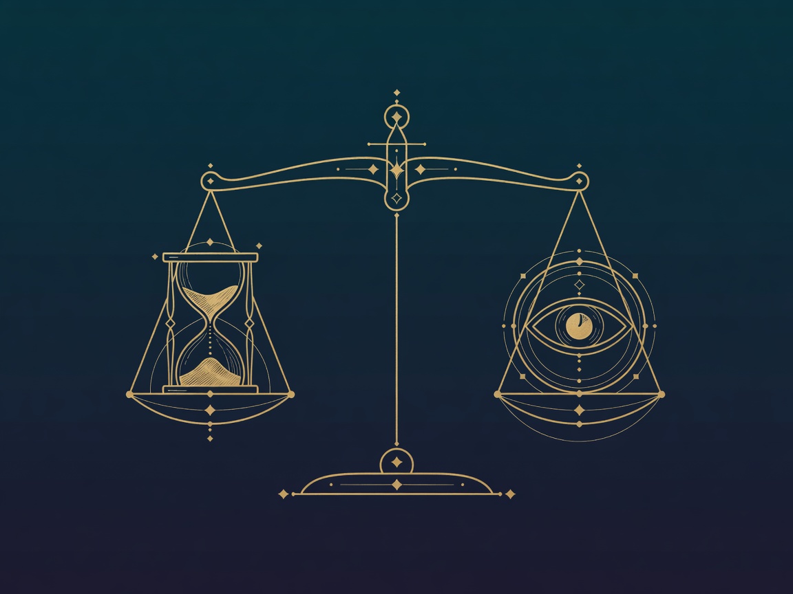 Engraved balance scale weighing an hourglass against an oversight eye on one continuous beam, illustrating the false tradeoff between speed and responsible AI