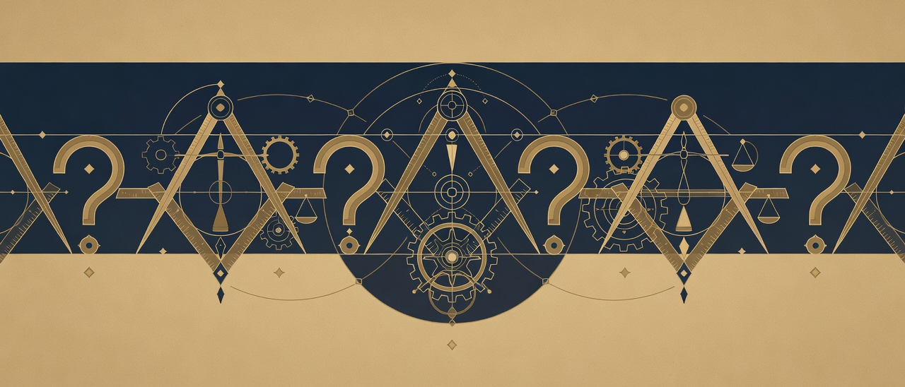 A wide engraved row of balanced question marks and compass rules marking the frequently asked questions section