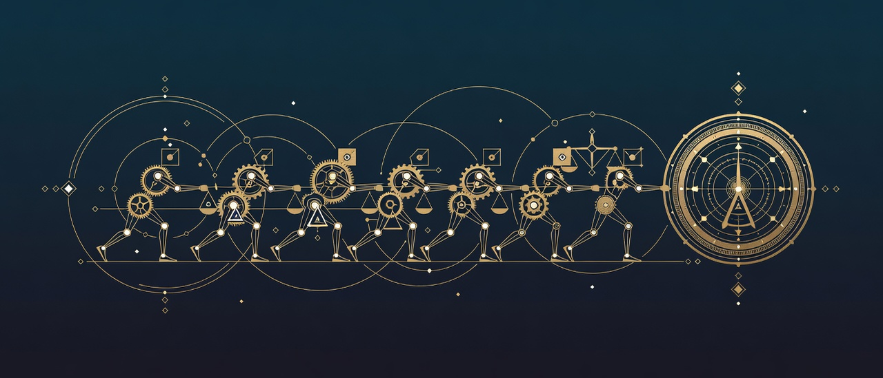 Wide engraved frieze of harnessed clockwork AI agents pulling toward a single profit dial on the right