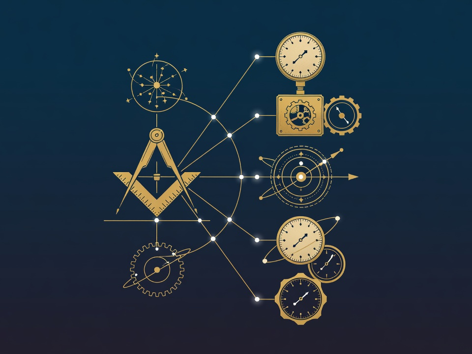 A compass-and-triangle agent emblem linked by fine gold lines to a stack of mismatched machine modules.