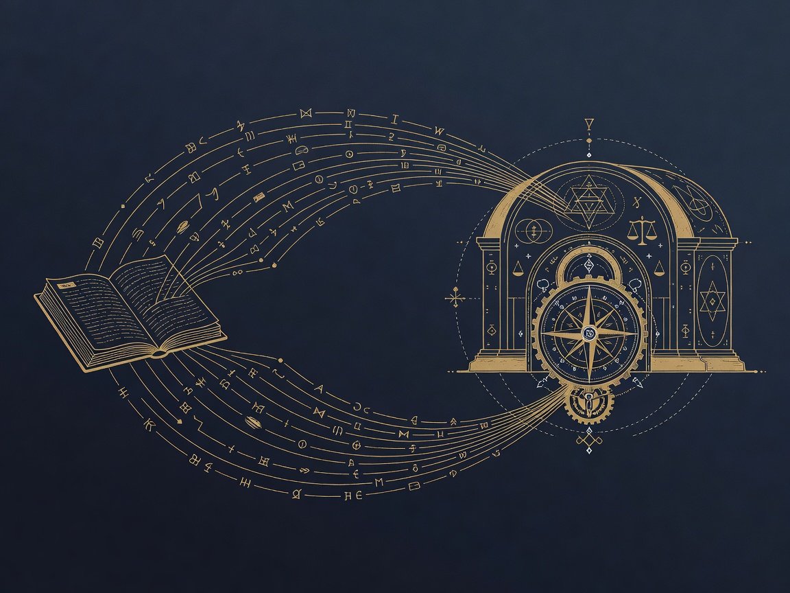 Engraved streams of data flowing from an open ledger into a locked vault guarded by a compass rose