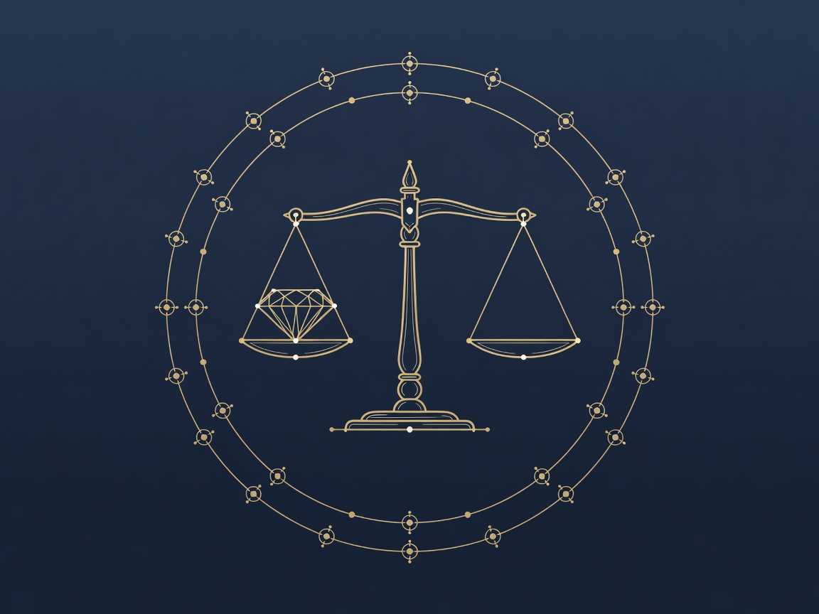 Balance scale over a round-robin orbit weighted by a diamond, representing balancing routing speed and fairness