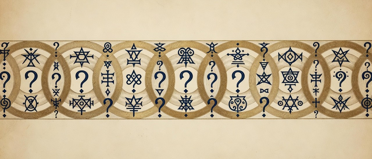 Wide section break before the FAQ: a long horizontal engraved frieze of concentric brass rings and navy question-mark glyphs