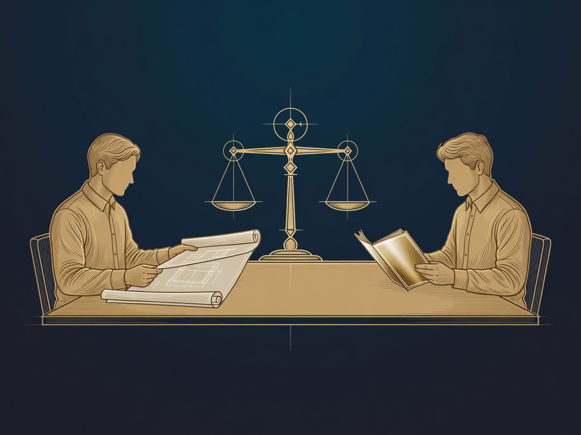 Two figures across a table, a builder with blueprints and a talker with a brochure, separated by a balance scale
