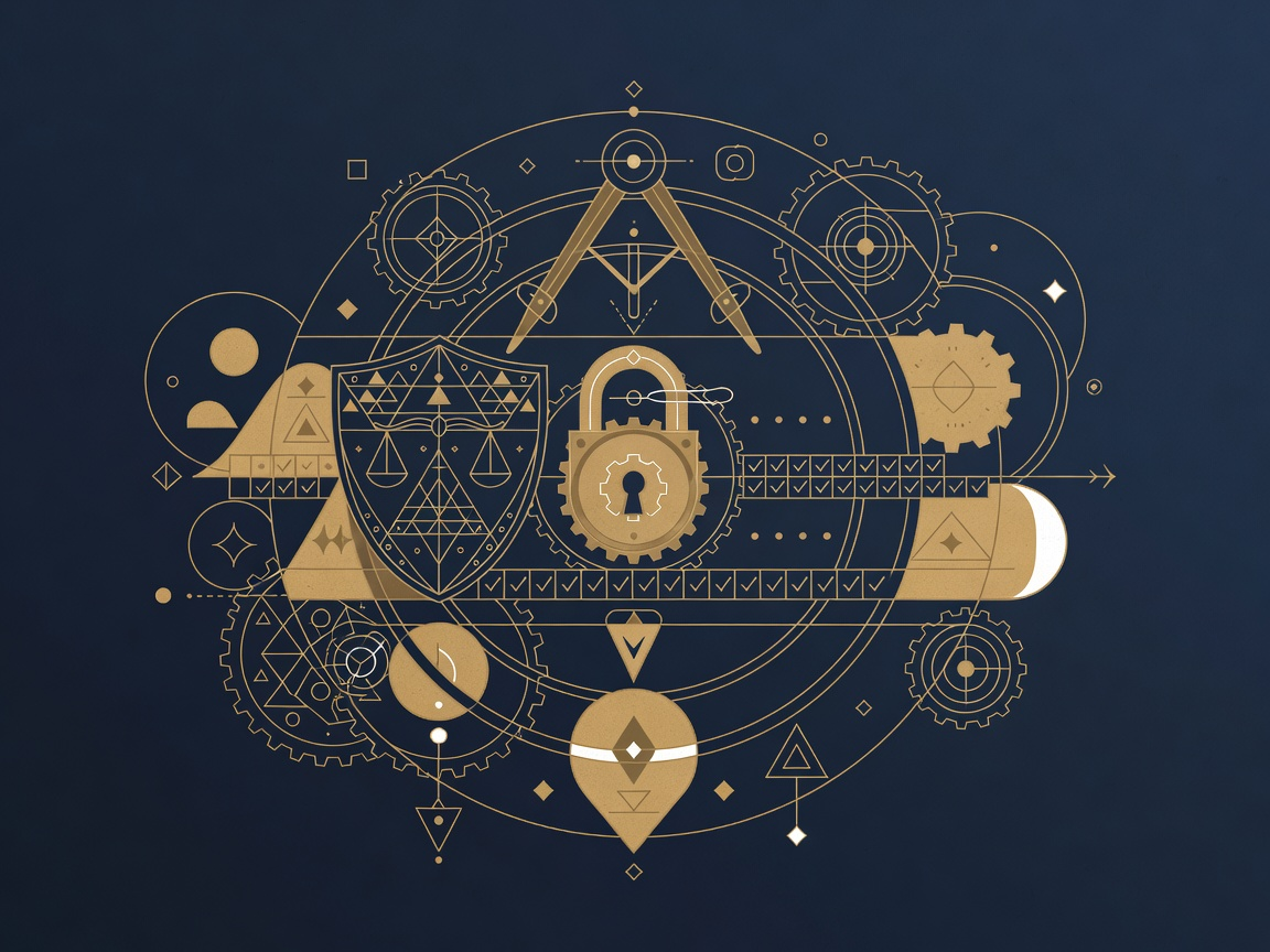 An engraved accreditation gate of shield, padlock and control checkmarks representing what the compliance bar actually requires