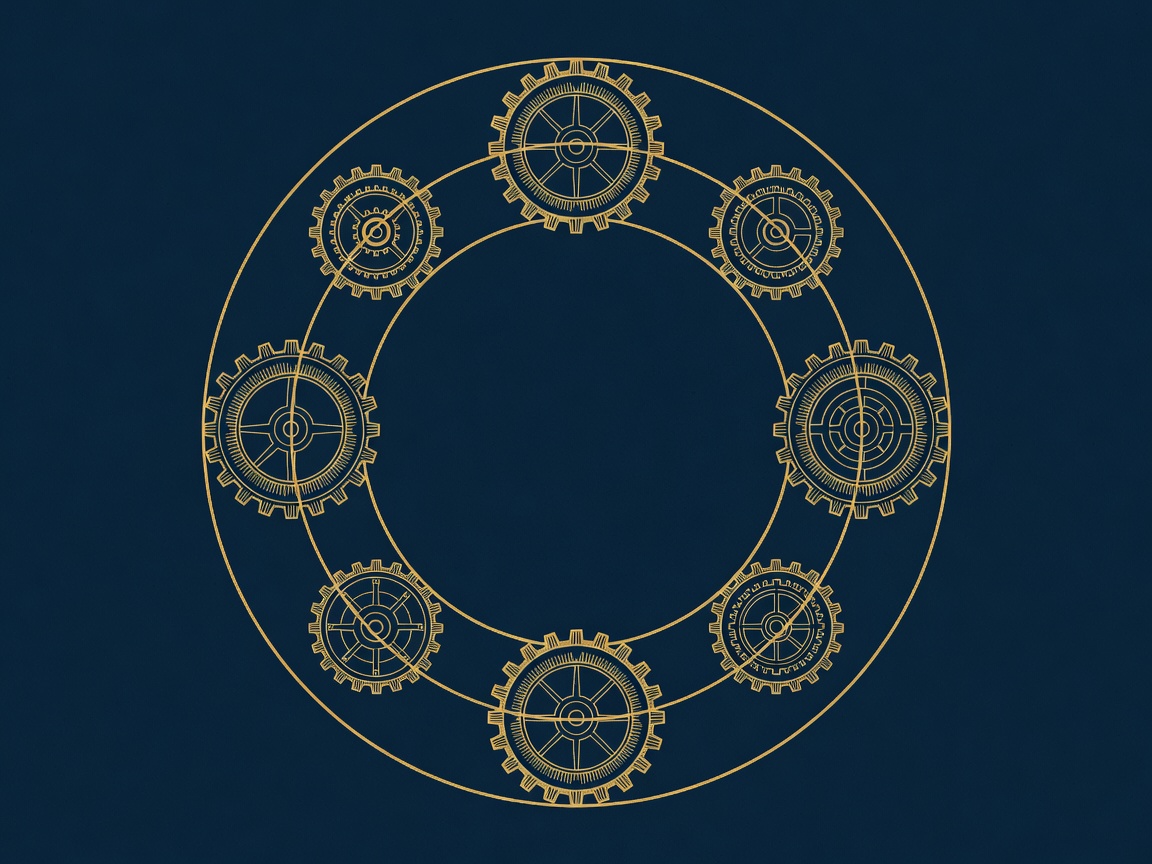 A celestial-mechanical loop of gears and orbits, symbolizing a living AI governance review cadence
