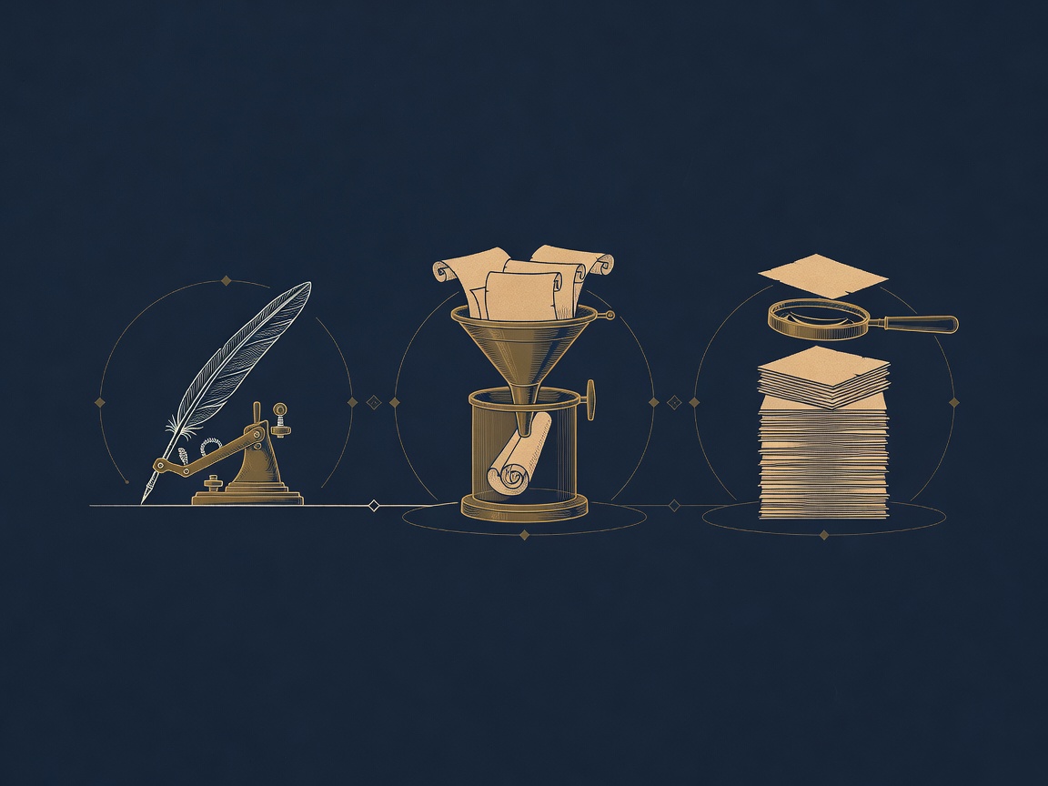 Row of small engraved machines drafting, summarizing, and retrieving documents, the quiet useful AI tasks