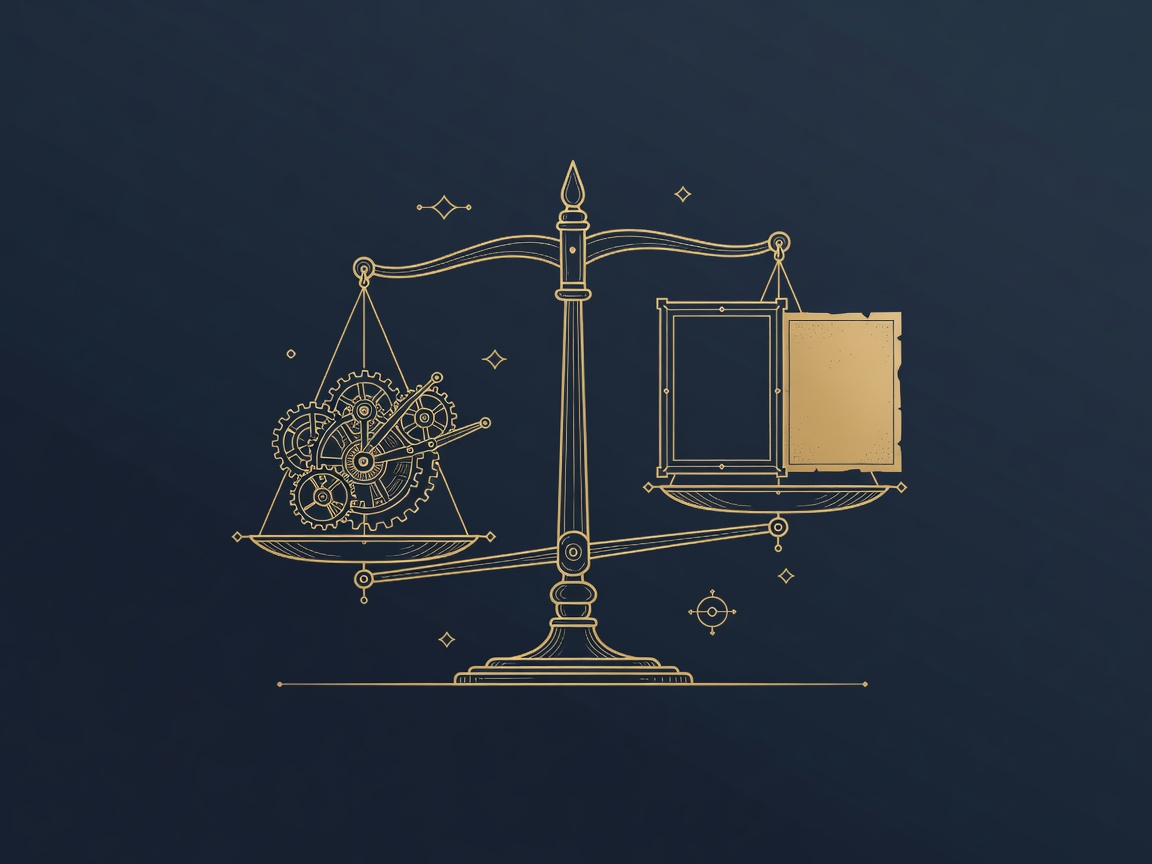 Engraved balance scale weighing a solid assembled mechanism against a blank blueprint sheet, illustrating a builder's substance versus a deck-maker's presentation