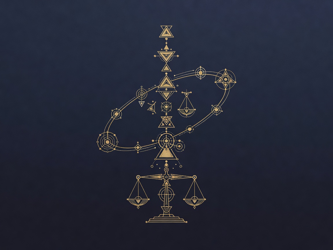 An engraved vertical sequence of checkpoints with a balance scale at the base.