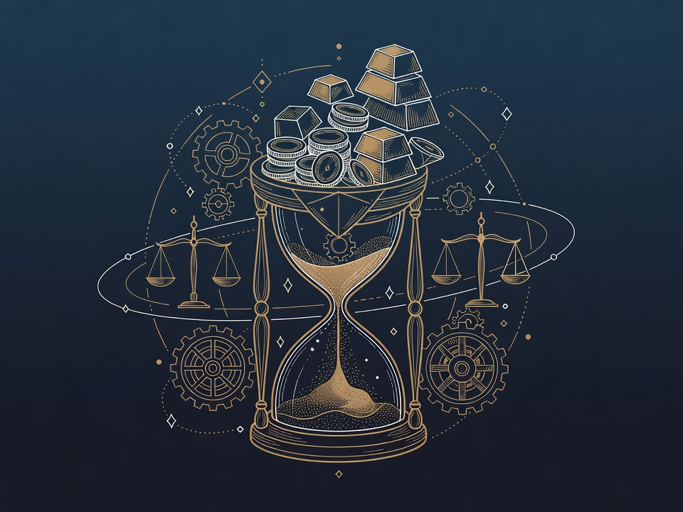 Engraved hourglass sand flowing upward into a rising vessel of coins, reclaimed time becoming margin