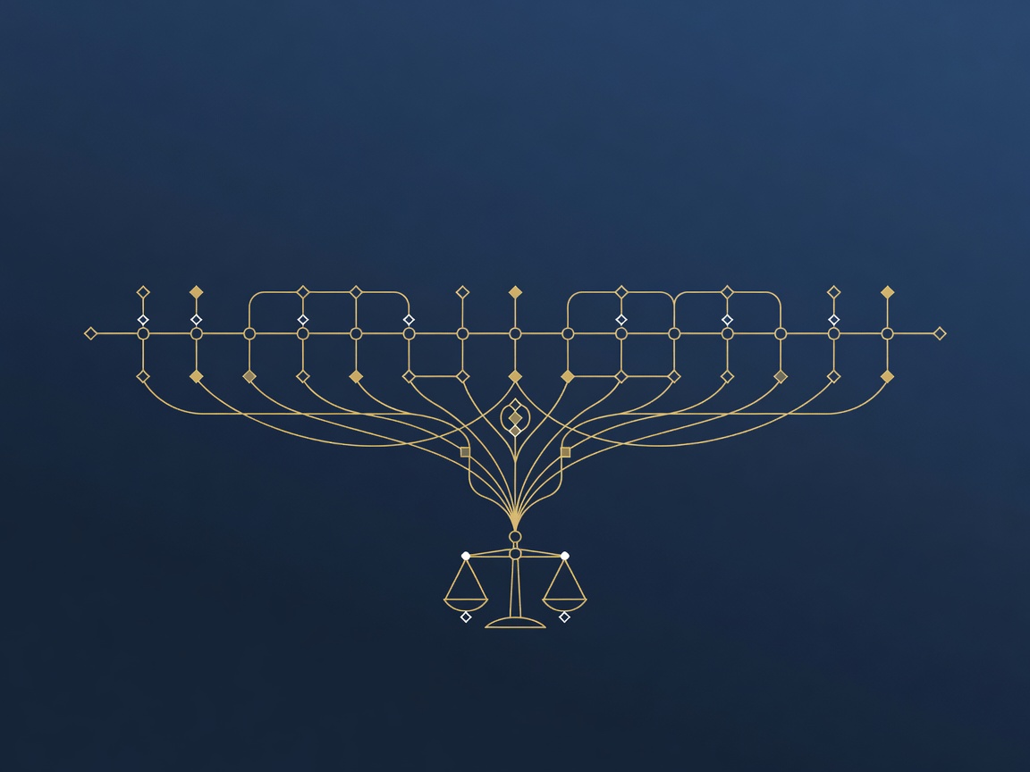 Engraved horizontal incident timeline with branching root-cause lines descending to a balance scale