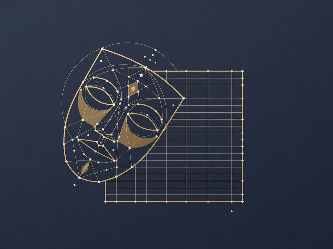 A geometric mask lifting away to reveal a structured gridded data table beneath, symbolizing what really lies under a stalled AI project