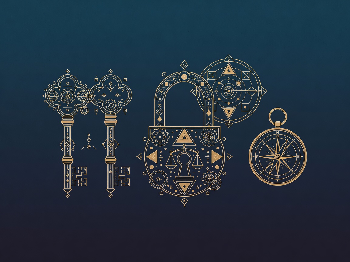 Ornate geometric keys beside an open padlock and a compass, evoking encryption keys, contracts and portability