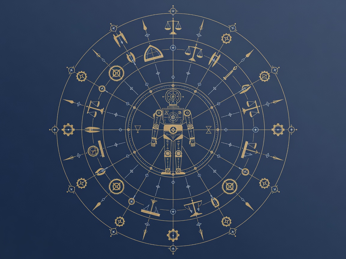 Engraving of a single automaton encircled by tool glyphs each joined to it by an unbroken line