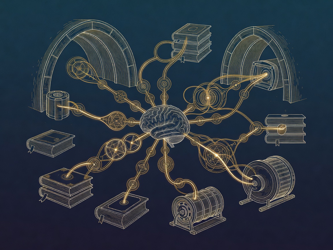 A central model orb connected by golden conduits into business systems, showing value living in the integration.