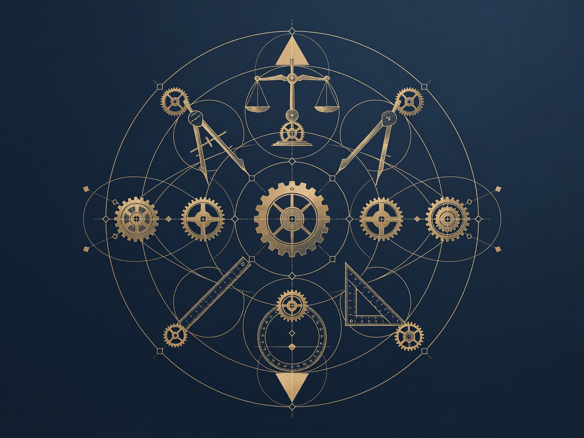 Four geometric drafting instruments balanced around a central gear, symbolizing the four core RevOps stack components