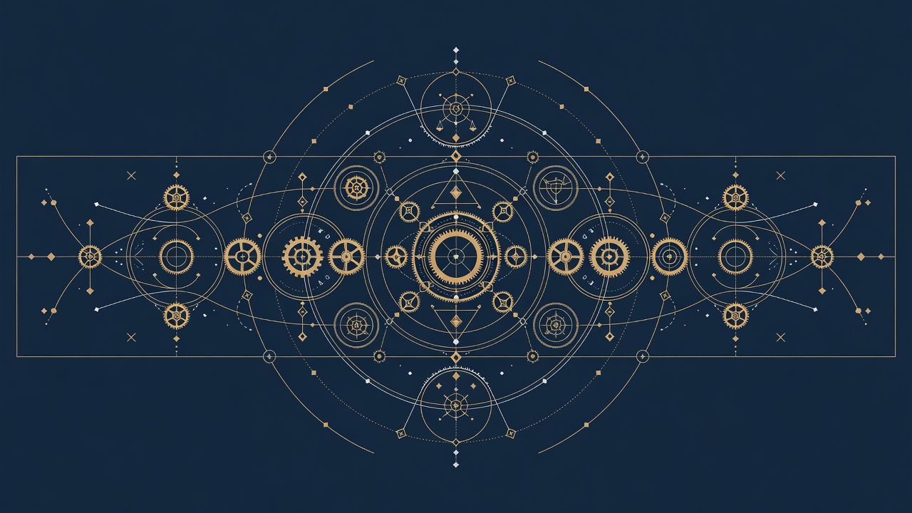 Wide alchemical schematic of a balanced revenue mechanism in gold line on navy, a section-break banner