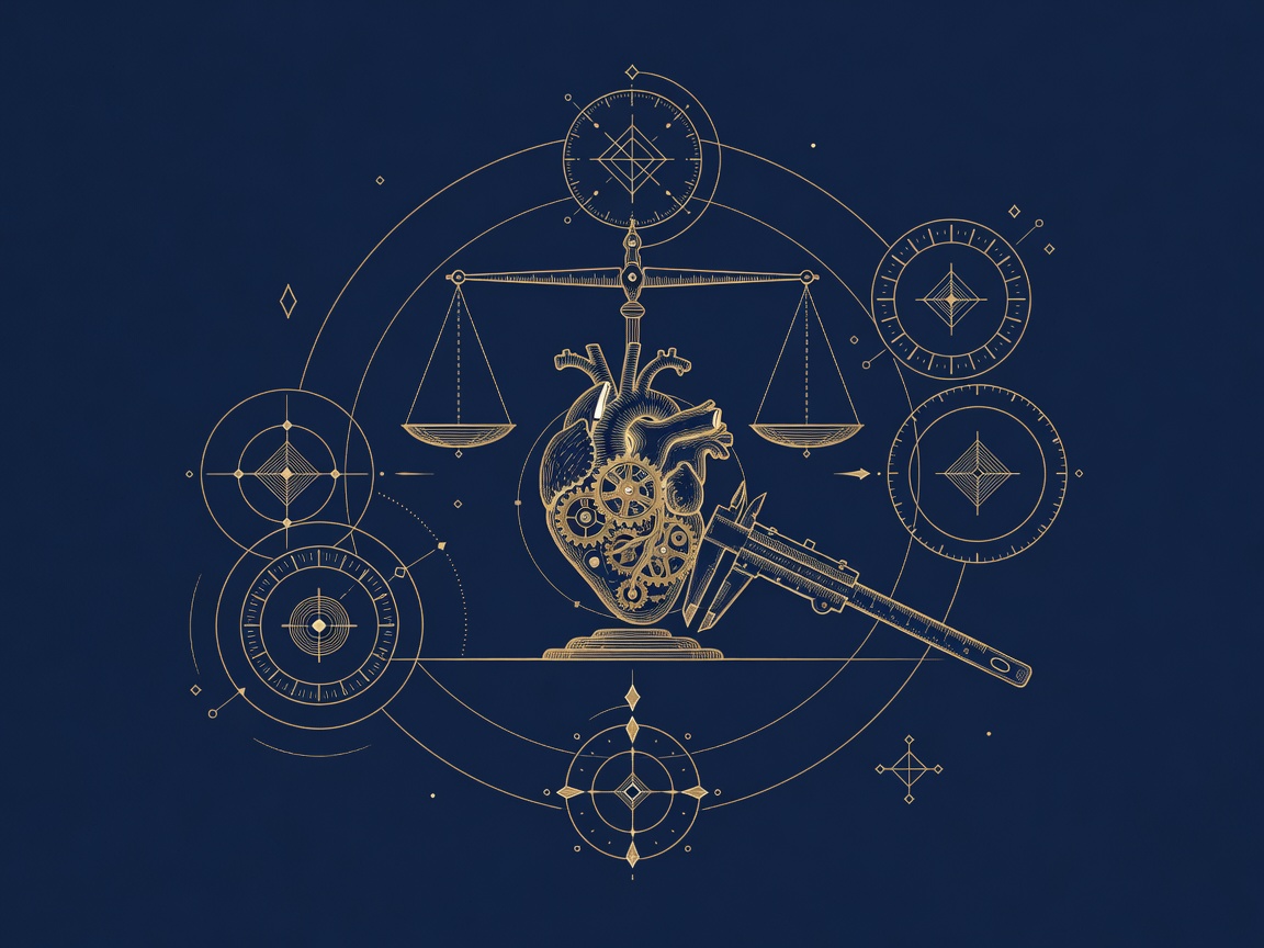 A balance scale and calipers measuring a mechanical gear-heart with geometric gauges, representing measuring agent reliability