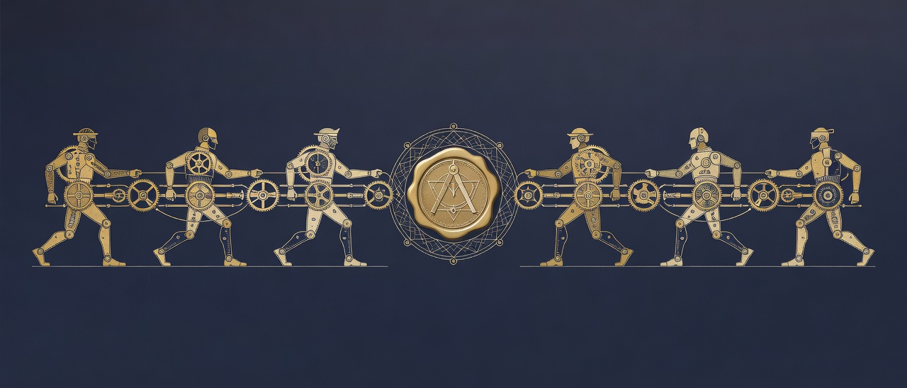 Wide engraved harness of six agents pulling toward a single fixed-price wax seal, brass on navy