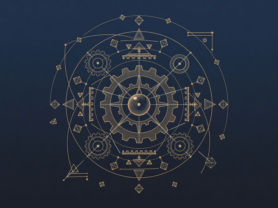 Engraved oil droplet inside a gear questioned by intersecting compass arcs