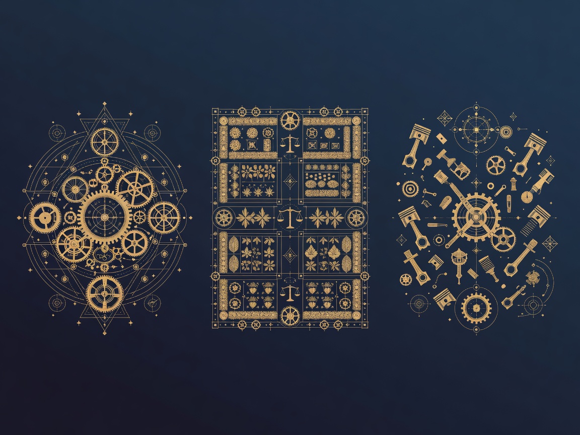 Triptych of interlocking gears, a walled garden, and scattered engine parts illustrating three agent build modes