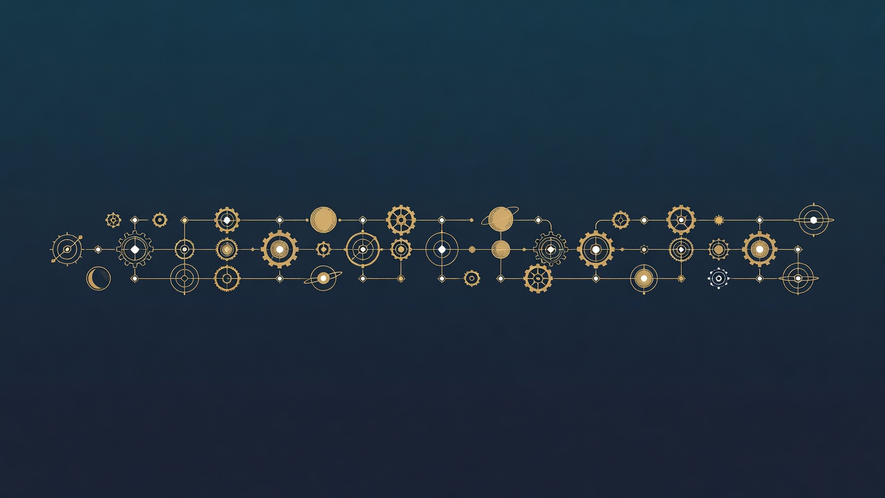 Wide banner of a single calm automated workflow track threading through orbits and gears