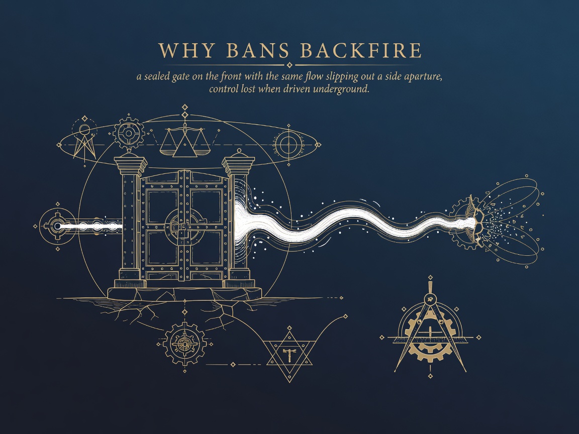 A sealed front gate with the same data flow slipping out a side aperture, showing why AI bans backfire